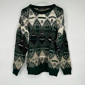 Vintage Protege Collection Green White Tan Coogie Style Knit Sweater Large